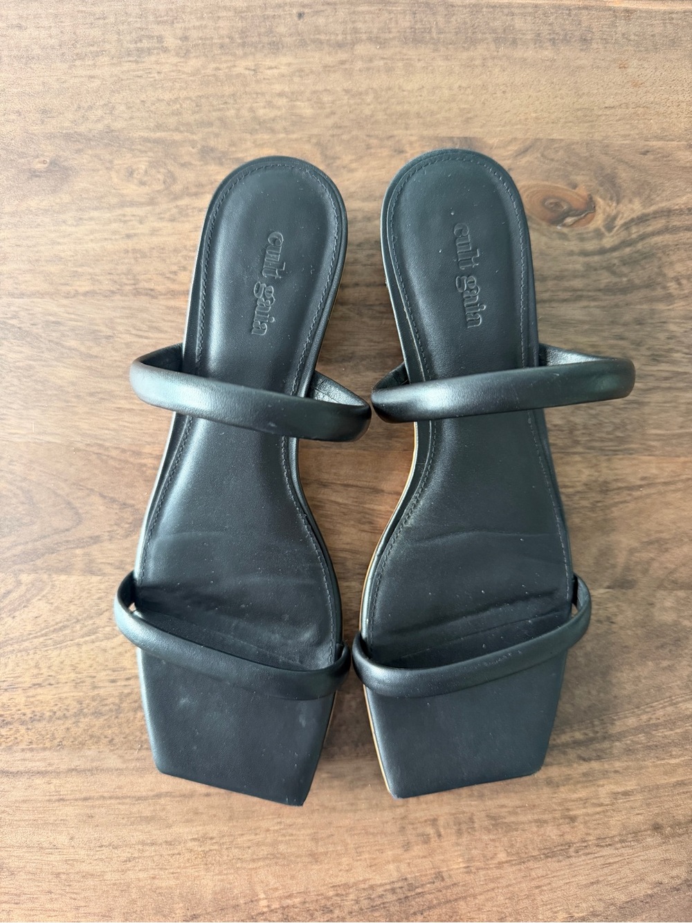 Cult Gaia Black Double-Strap Square-Toe Bamboo Heel Slide Sandals
